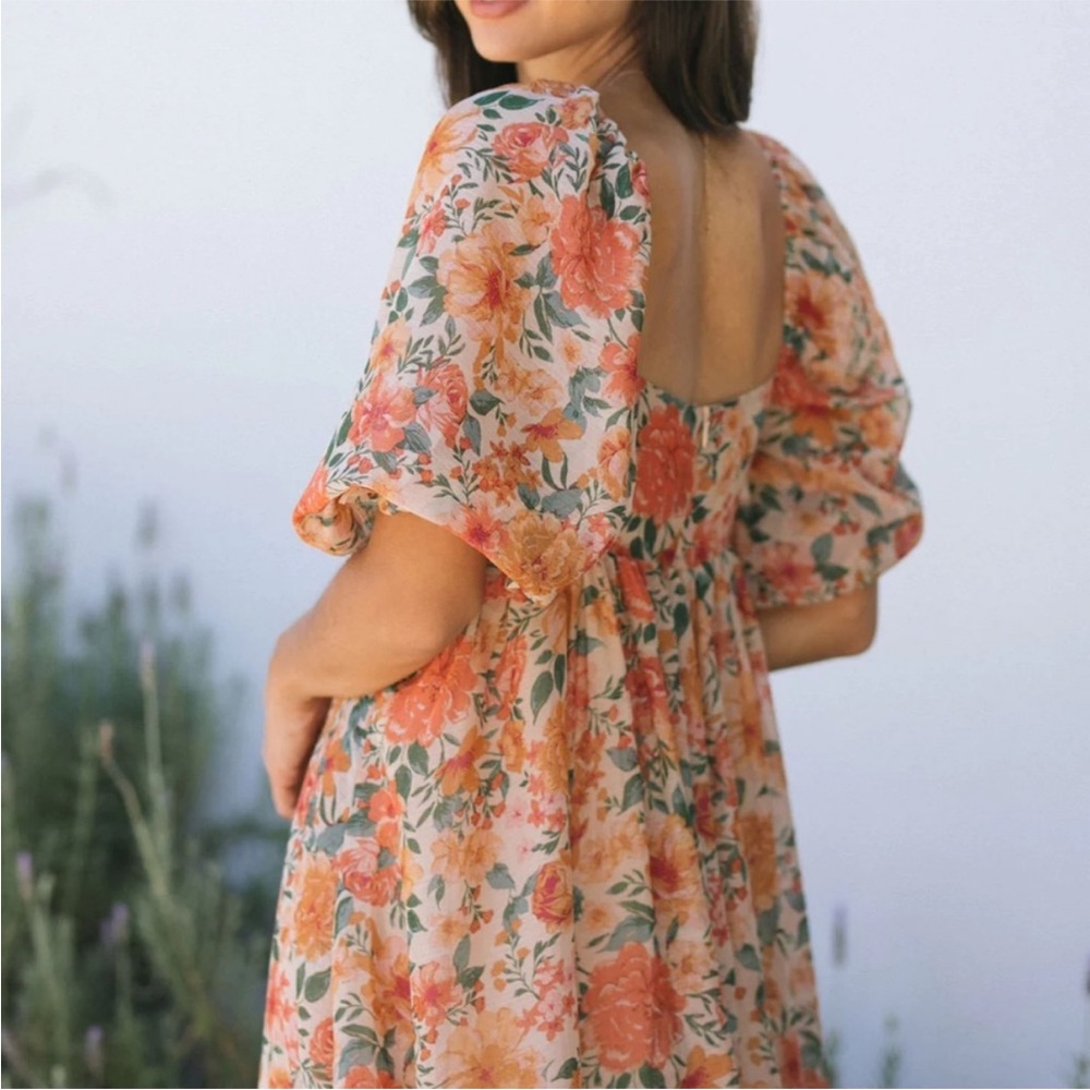 Morning Lavender Women’s Orange Floral Puff Sleeve Baby DollMaxi Dress Size 1XL - Picture 3 of 14